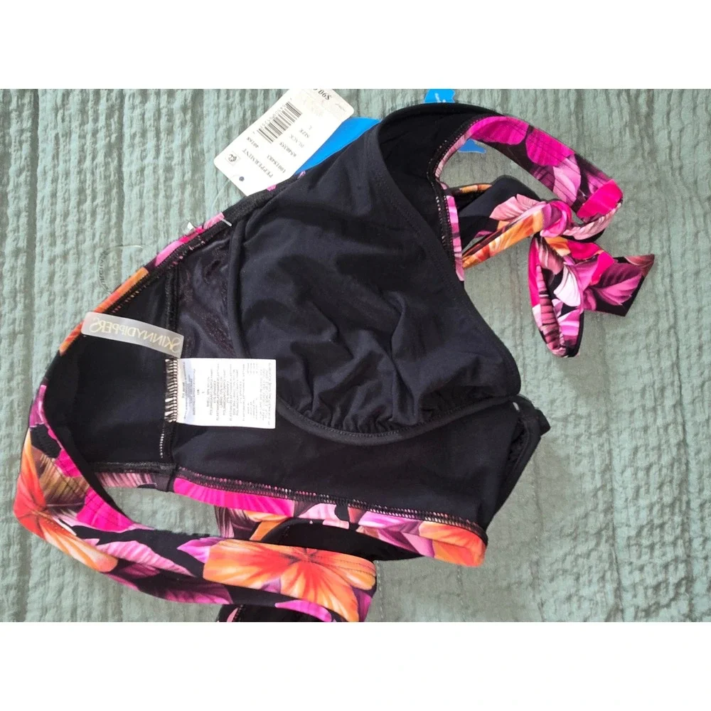 NWT Skinny Dippers Peppermint‎ Top Black Floral Halter Bikini Swim Women Large